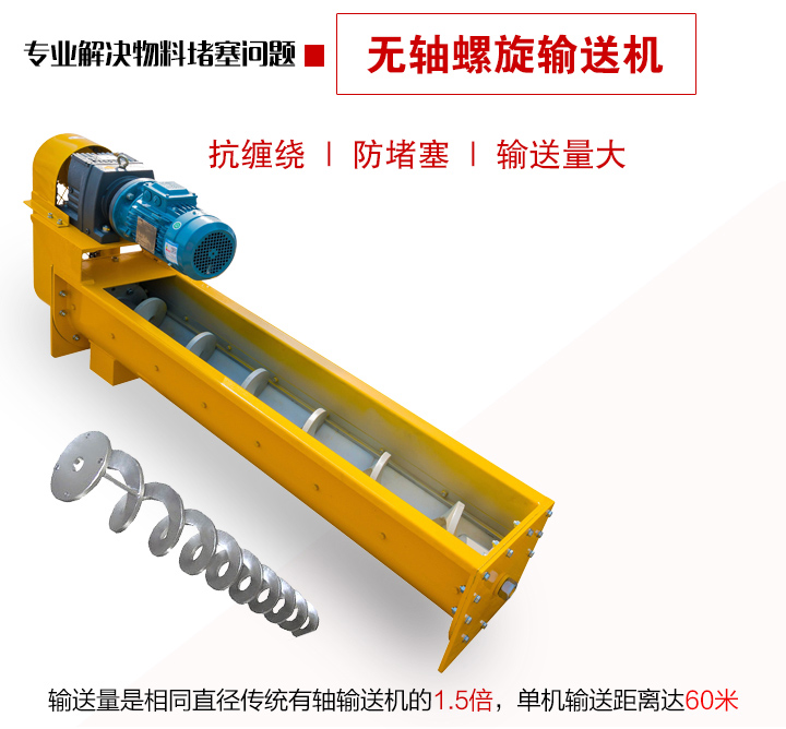 輸送量是相同直徑傳統(tǒng)有軸輸送機(jī)的1.5倍，單機(jī)輸送距離達(dá)60米